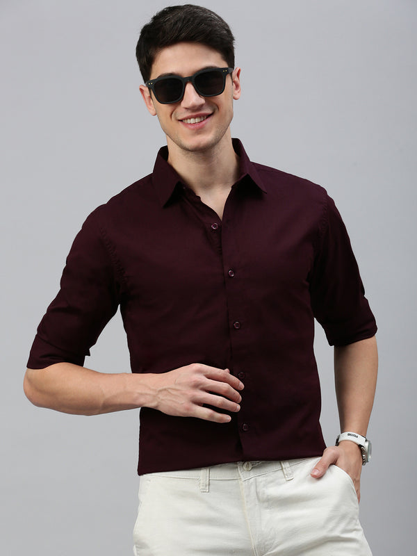 Maroon Solid Poplin Stretch Shirt Without Pocket