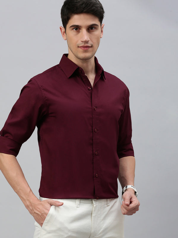 Maroon Solid Poplin Stretch Shirt Without Pocket