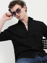 Black Dobby Full Sleeve Slim Fit Shirt With Pocket