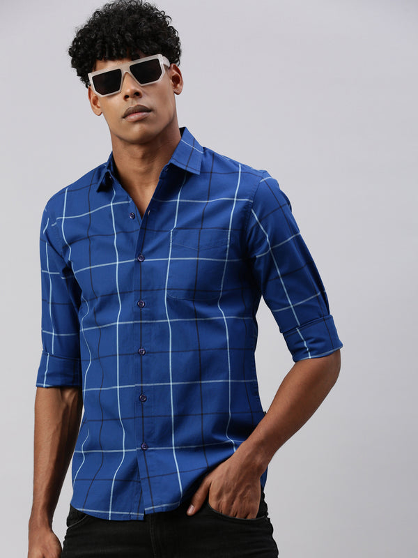 Navy Blue Compact Rich/Cotton Checks Full Sleeve Shirt With Pocket