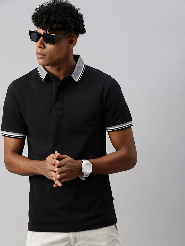 Black  Polo Collar Half T-Shirt