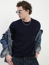 Crew Neck See Through Navy Blue Cotton T-Shirt