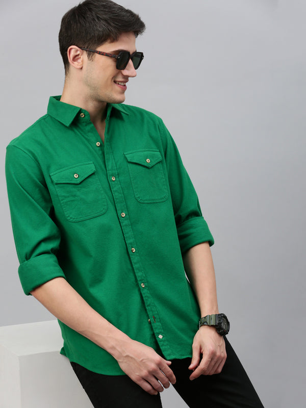 Green Brushing Cotton Shirt With Double Pocket