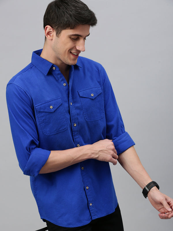 Blue Brushing Cotton Shirt With Double Pocket