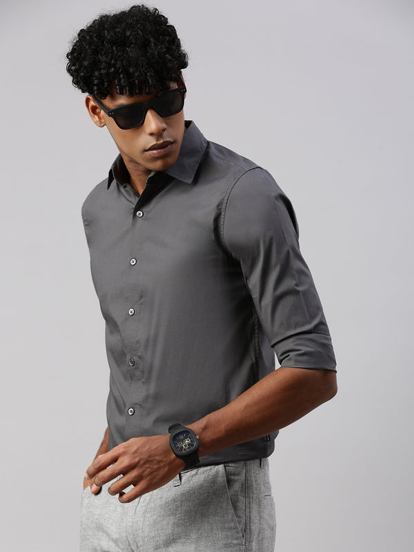 Gray Solid Poplin Stretch Shirt Without Pocket