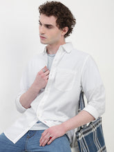 Seersucker White Full Sleeve Relsx Fit Shirt With Pocket