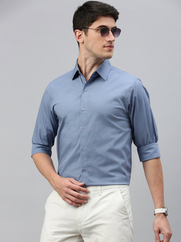 Cloud Blue Solid Poplin Stretch Shirt Without Pocket