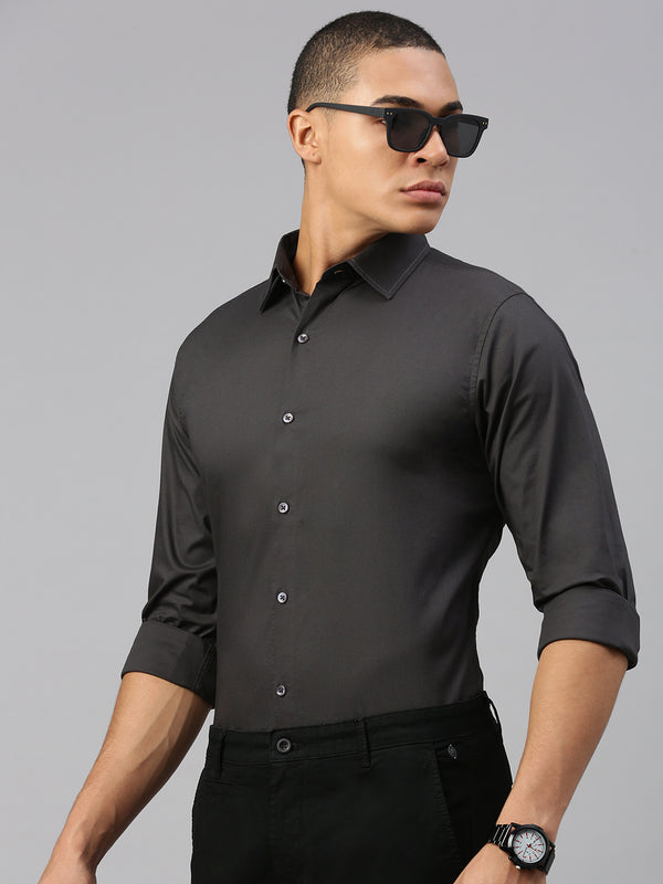 Black Solid Poplin Stretch Shirt Without Pocket