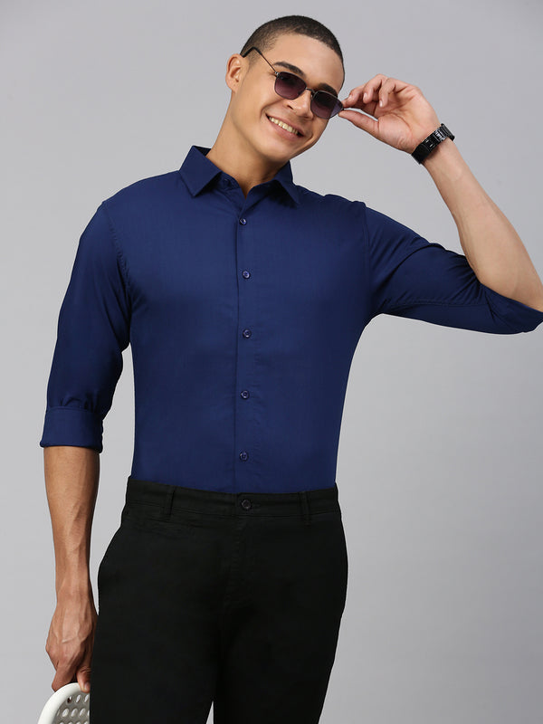Navy Blue Full Sleeve Plain Shirt Without Pocket