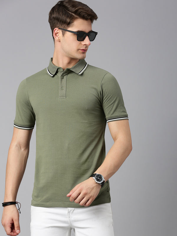 Olive Polo Collar Half T-Shirt