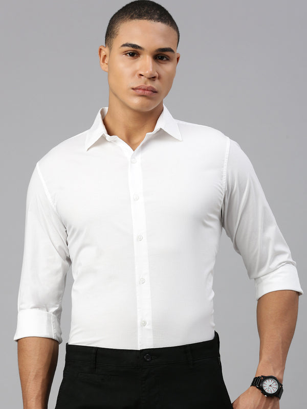 White Solid Poplin Stretch Shirt Without Pocket