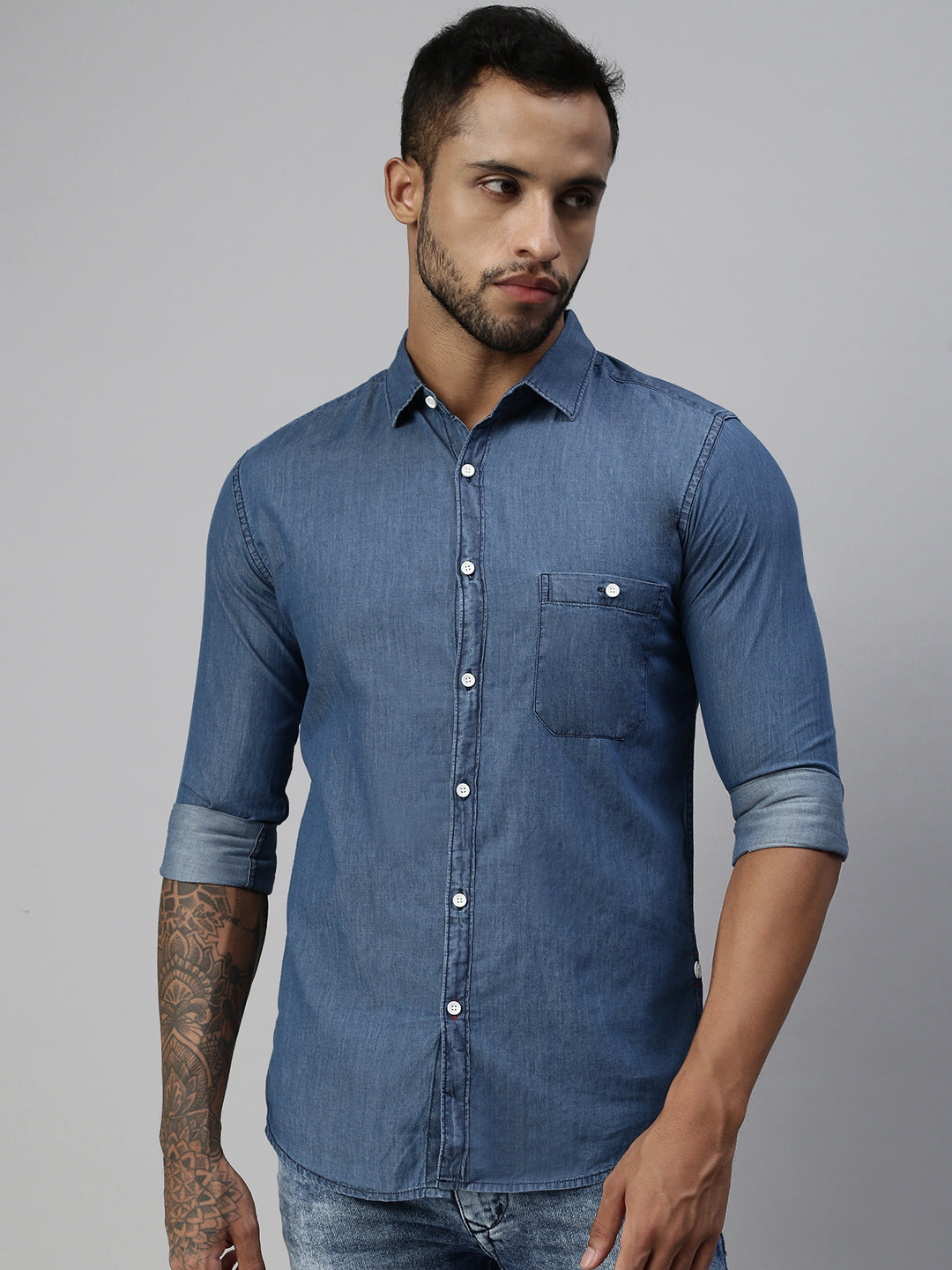 blue premium cotton slim-fit shirt with pocket - Main Image