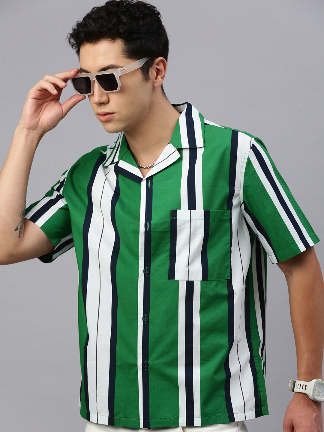 Stripe Half Sleeve Oversize Shirt With Pocket