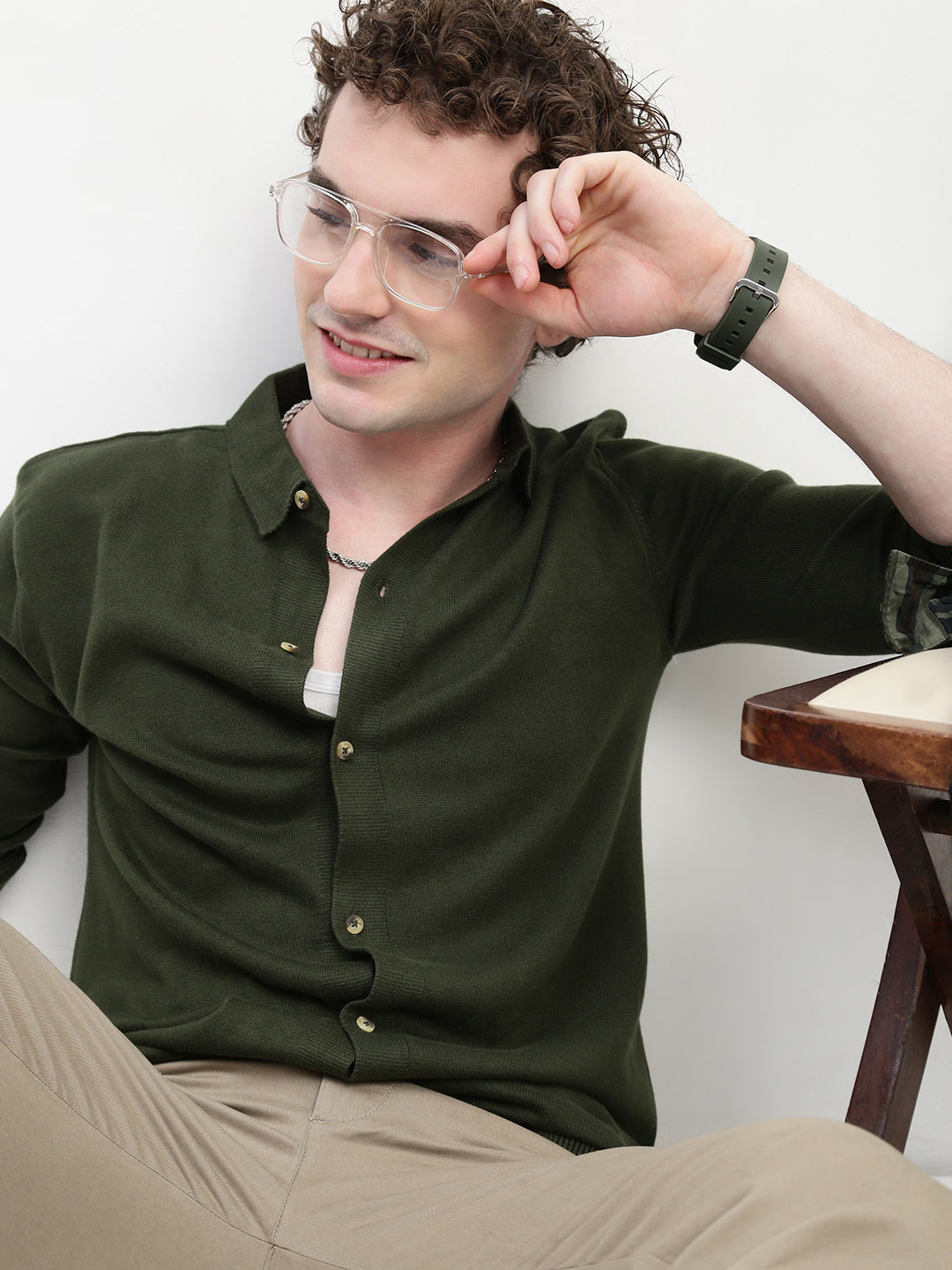 Olive Knit Cardigan Full Sleeve Relax Slim Fit Shirt Without Pocket