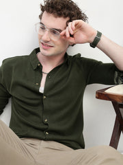 Olive Knit Cardigan Full Sleeve Relax Slim Fit Shirt Without Pocket
