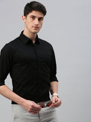 Black Solid Poplin Stretch Shirt Without Pocket