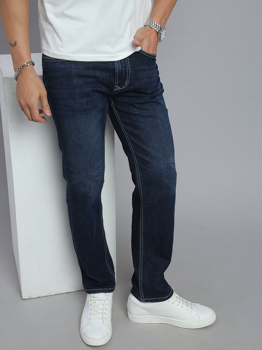 Dark Blue Regular Straight Fit Stretchable Jeans