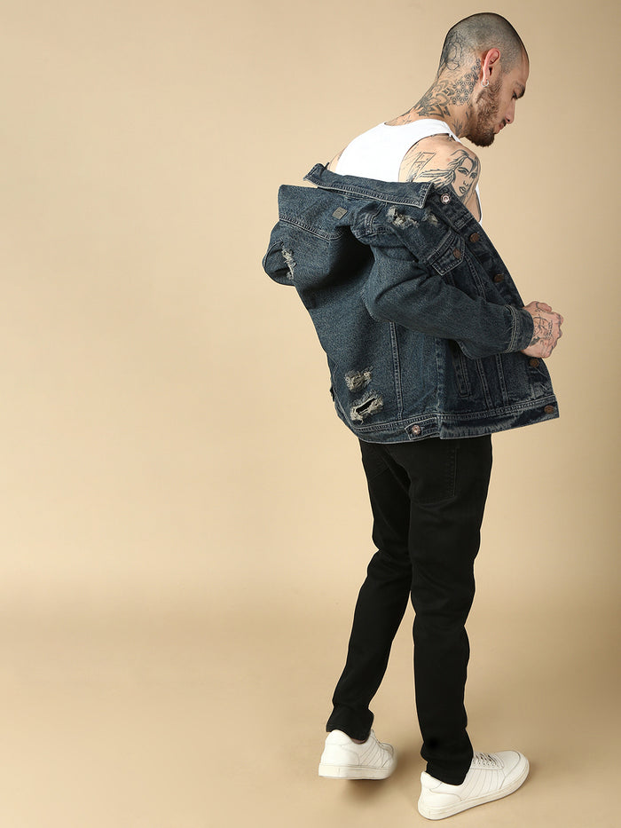 Vintage Blue Repeed Slim Fit Denim Jacket