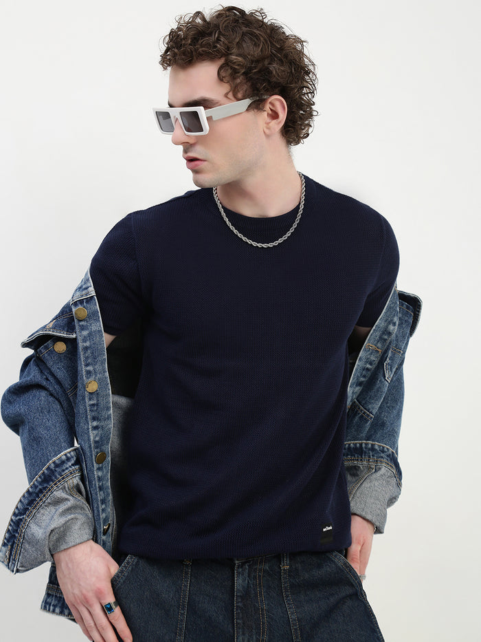 Crew Neck See Through Navy Blue Cotton T-Shirt