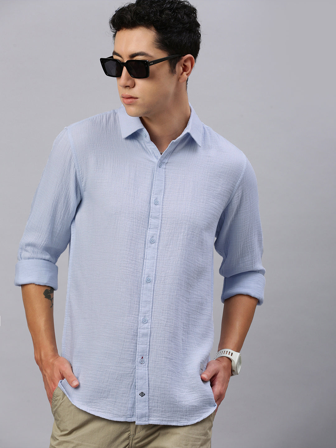 Ice Blue Doble Cloth Cotton Shirt With Pocket