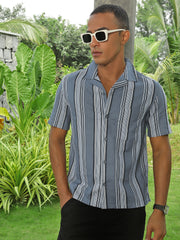 Self Stripe Half Sleeve Oversize Shirt With Pocket