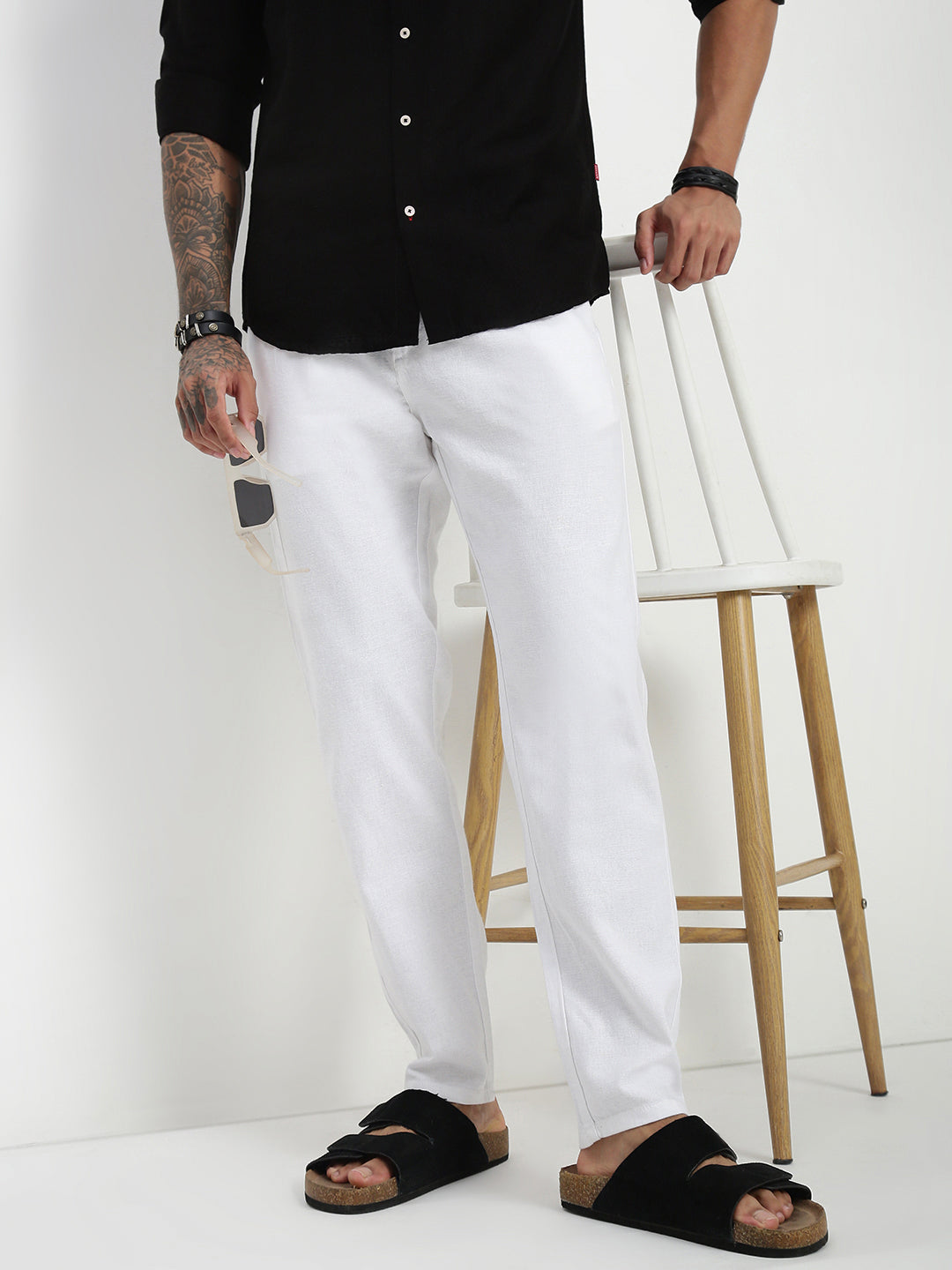 White Relax Fit Cross Pocket Cotton Linen  Pants