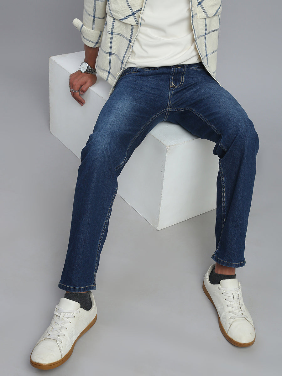 Dark Blue Regular Straight Fit Stretchable Jeans