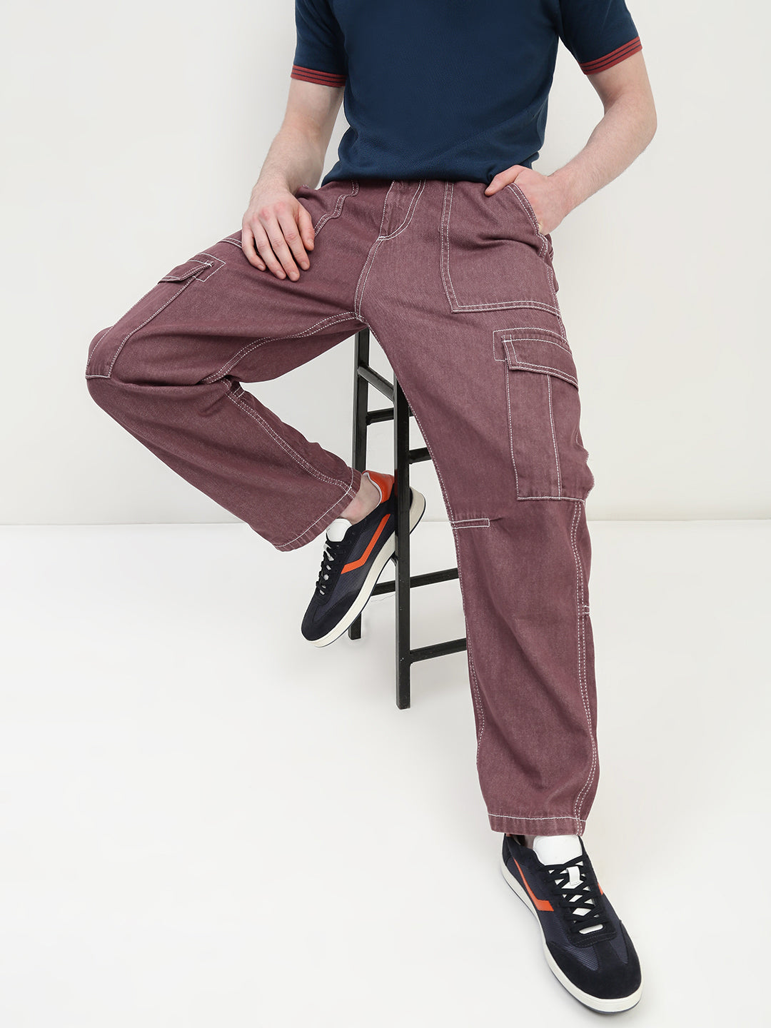 Wine Red Front Patch Pocket Loos Fit Cargo Paint