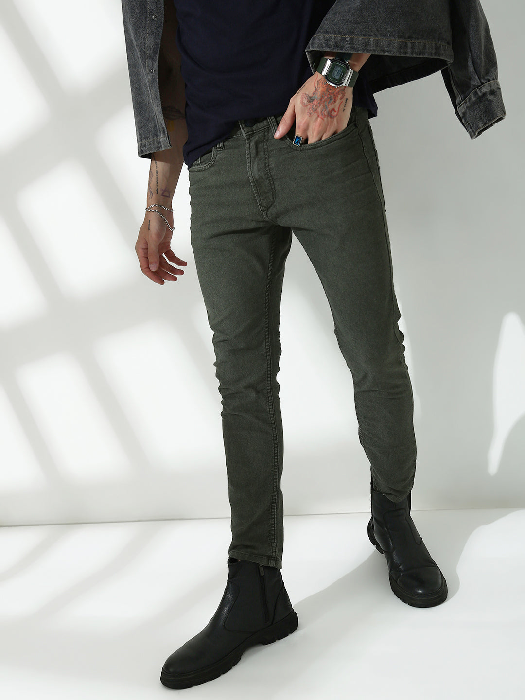 Green Poly Stretch Trapped Fit Jeans