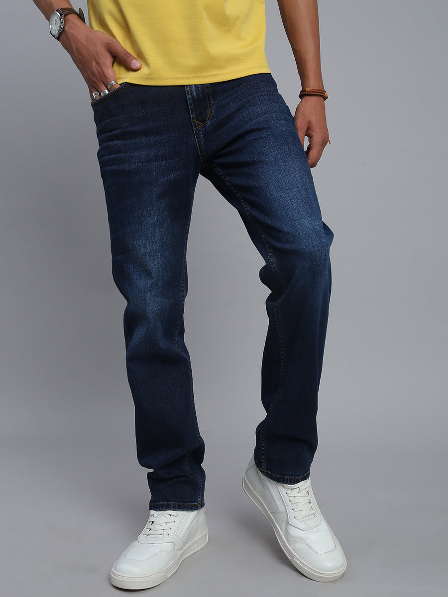 Dark Blue Regular Straight Fit Stretchable Jeans