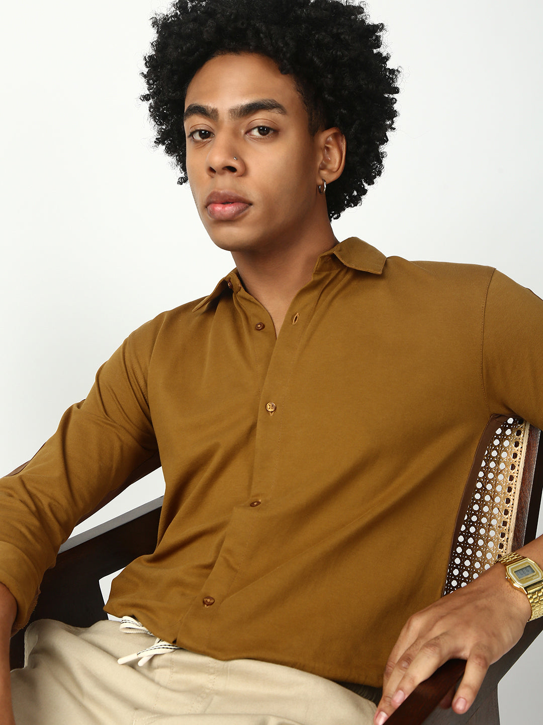 Brown Full Sleeve Slim Fit Shirt Without Pocket