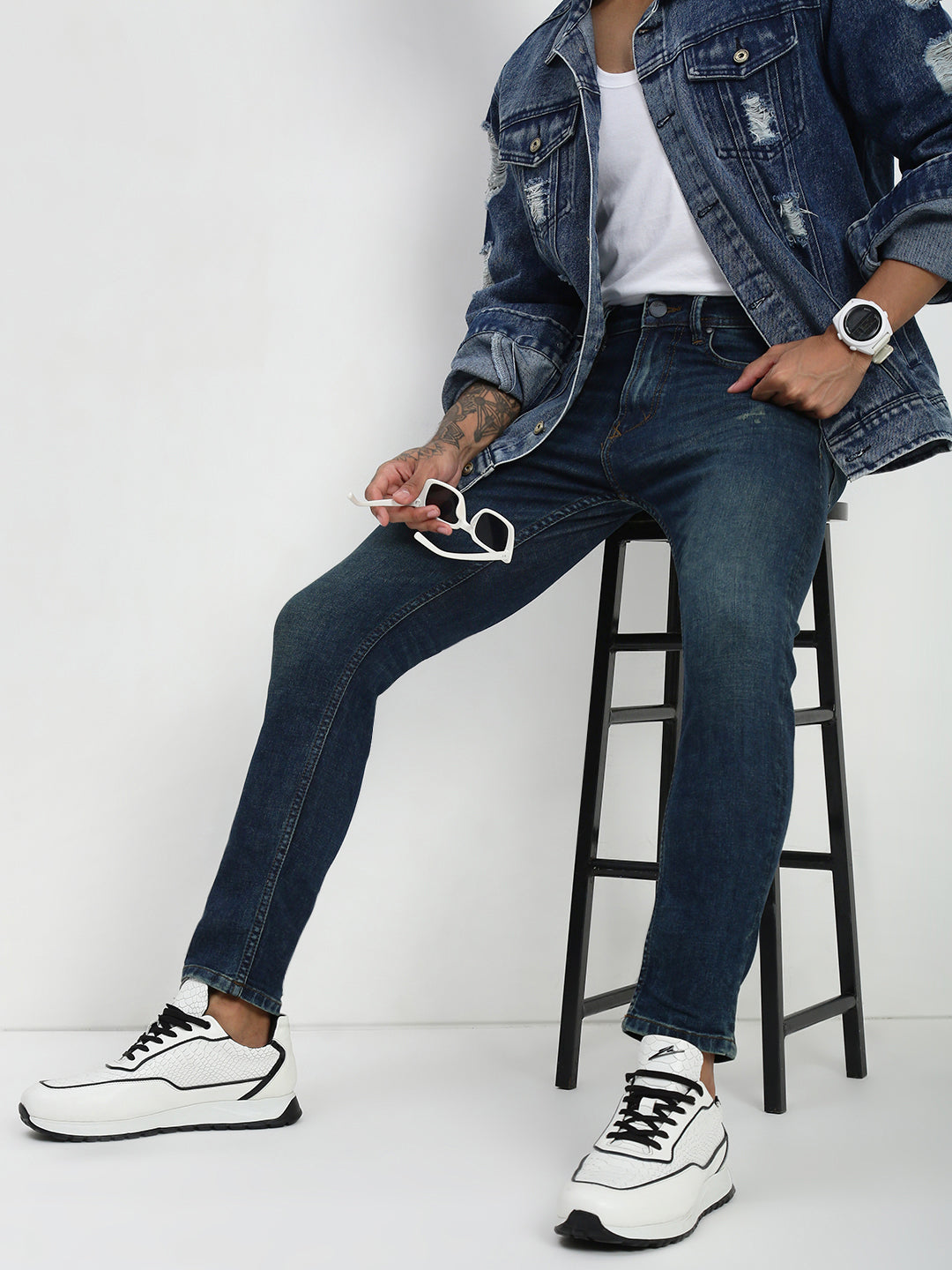 Vintage Blue Poly Stretch Trapped Fit Jeans