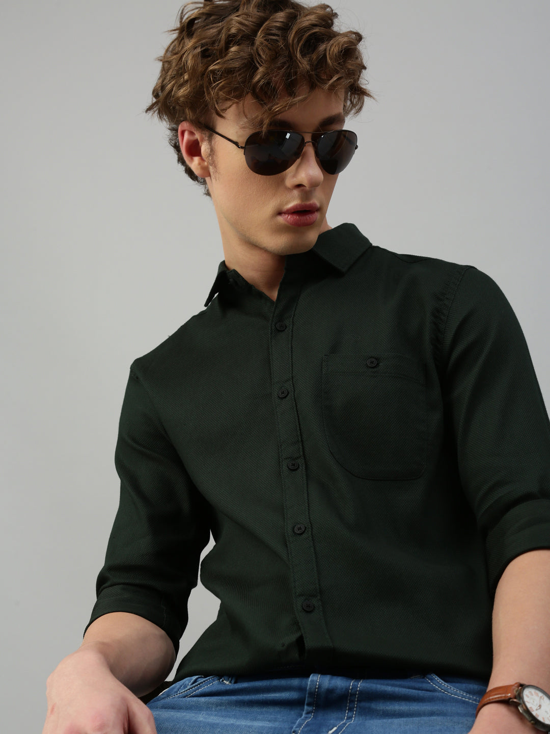 Dark Green Honey Comb Dobby Weave Stretchable Shirt With Patch Pocket