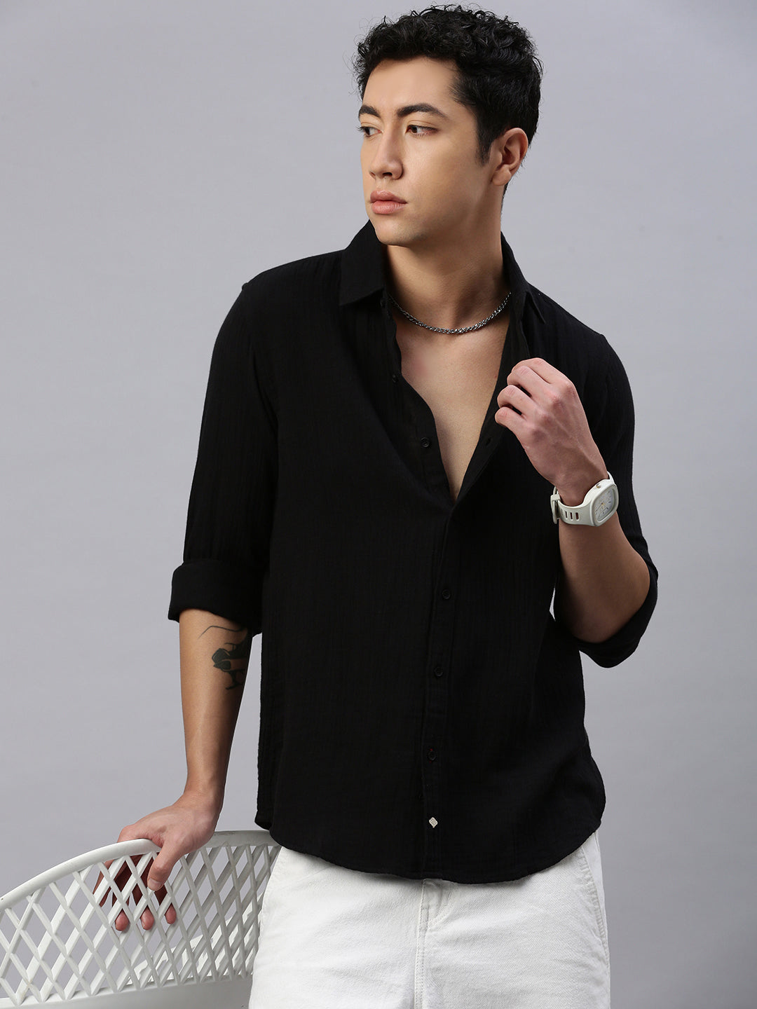 Black Doble Cloth Cotton Shirt Without Pocket