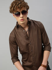 Caramel Brown Plain Satin Shirt Without Pocket