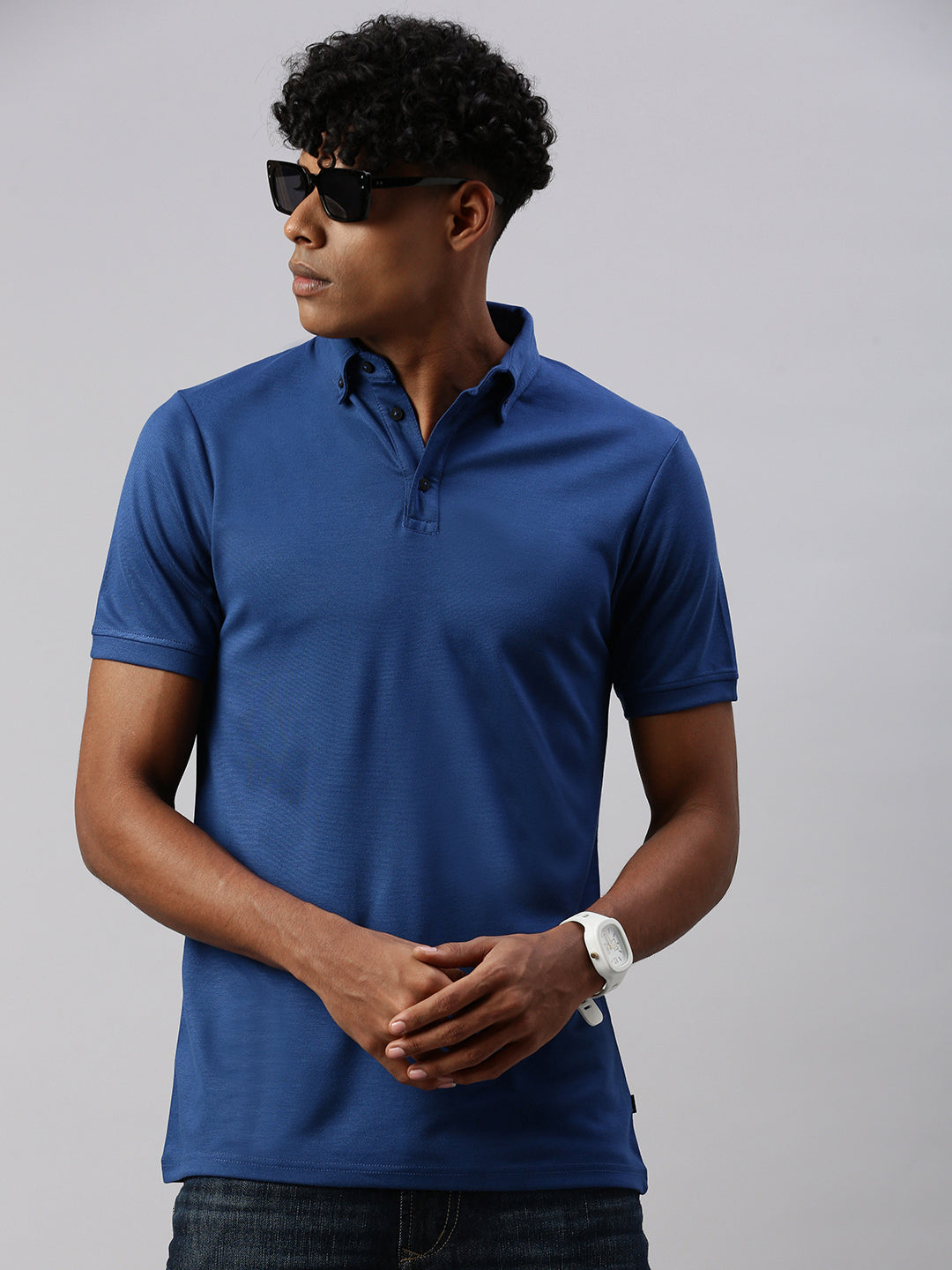 Royal Blue Down Button Polo Collar T-Shirt
