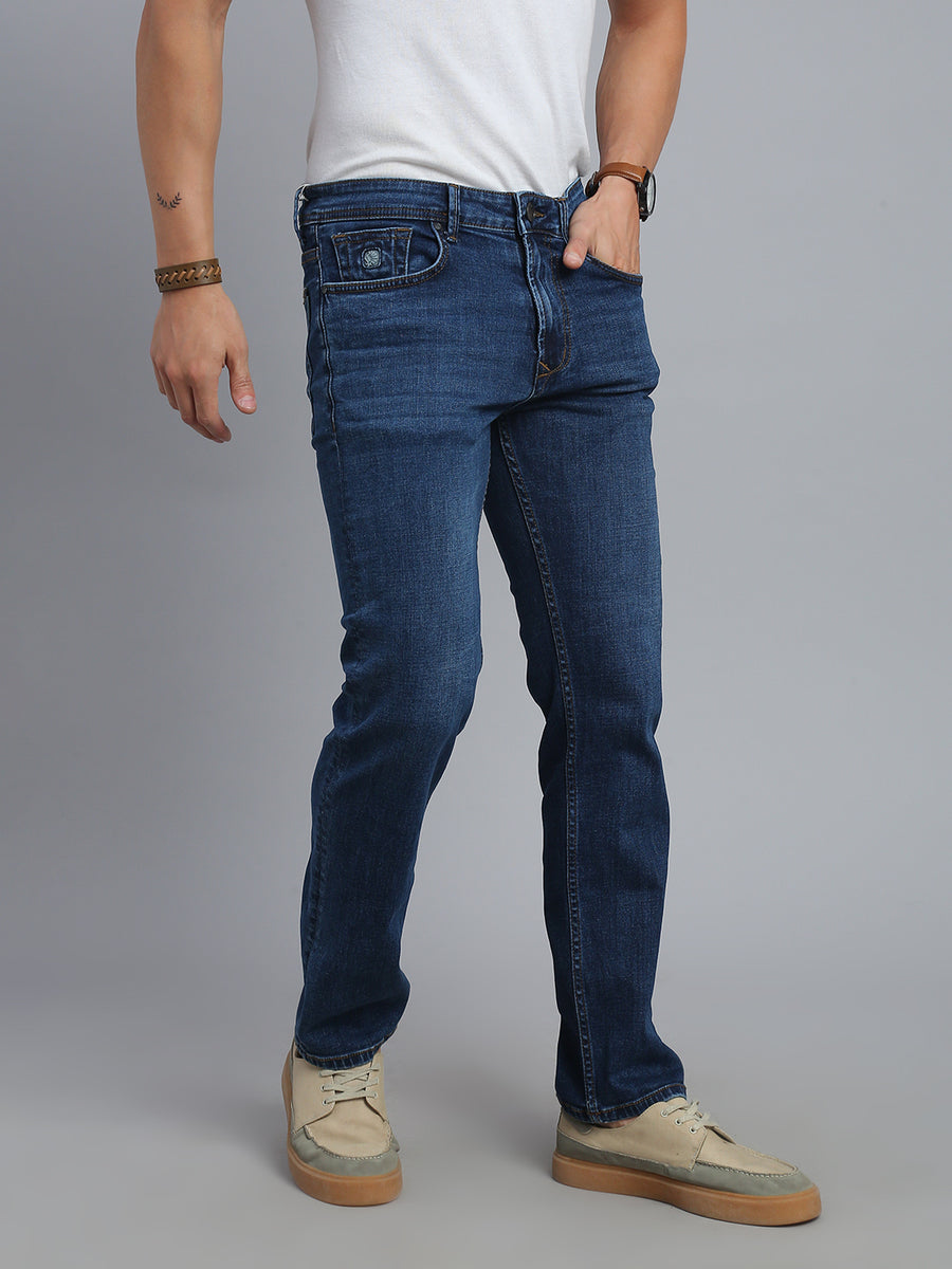 Blue Regular Straight Fit Stretchable Jeans