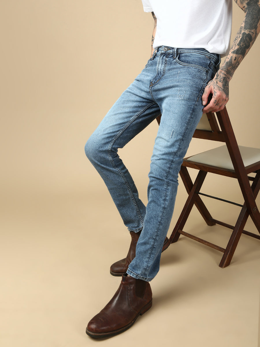 Light Blue Ripped Straight Stretchable Jeans
