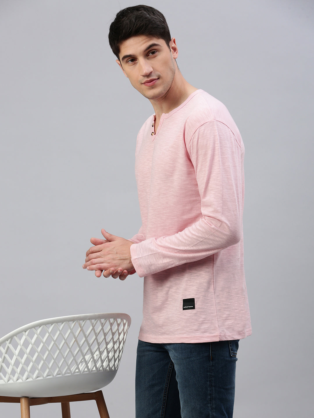 Pink Henley Neck Full Sleeve t-shirt