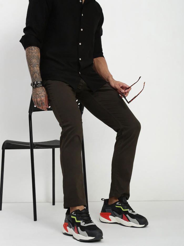 Olive Slim Fit Satin Cotton Pants