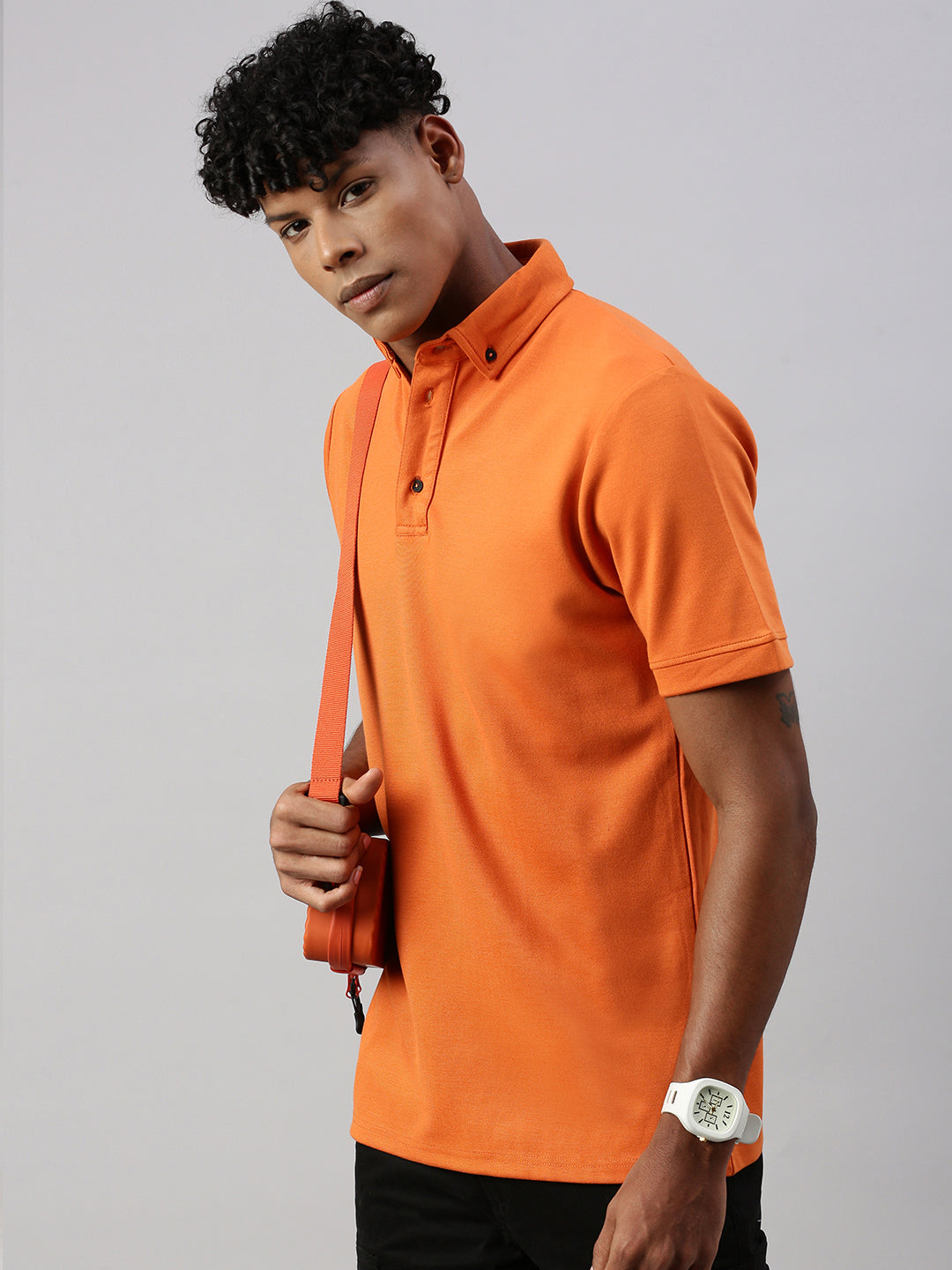 Orange Down Button Polo Collar T-Shirt
