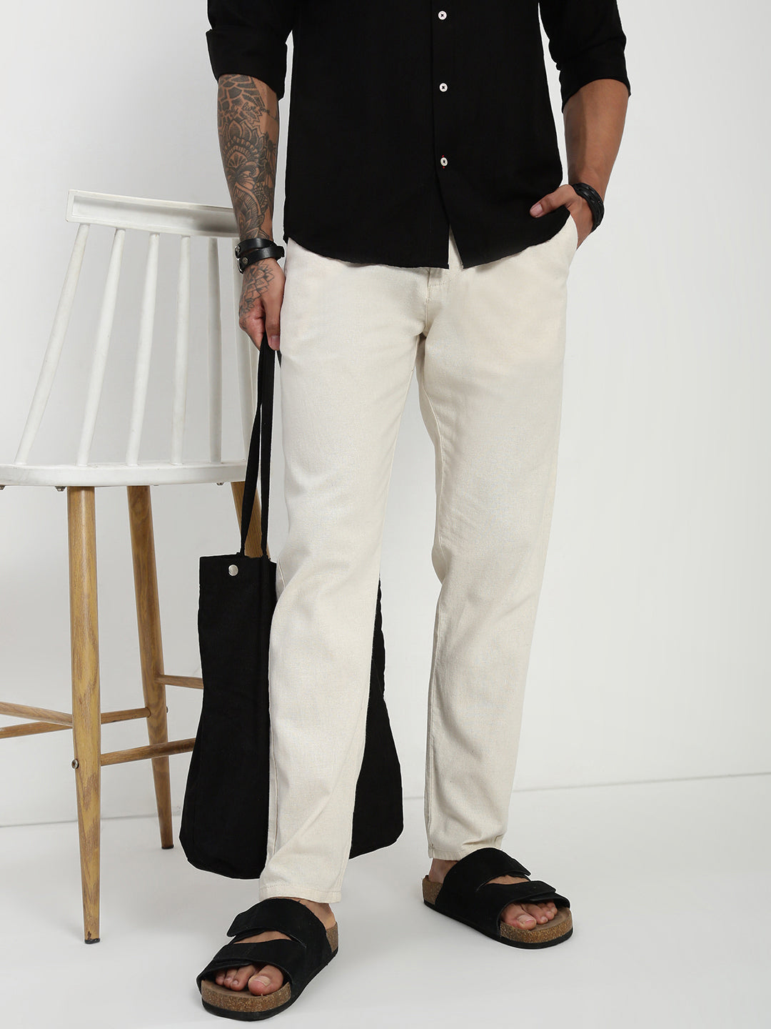 Cream Relax Fit Cross Pocket Cotton Linen  Pants