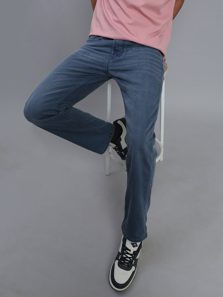 Light Indigo Blue Regular Straight Fit Stretchable Jeans