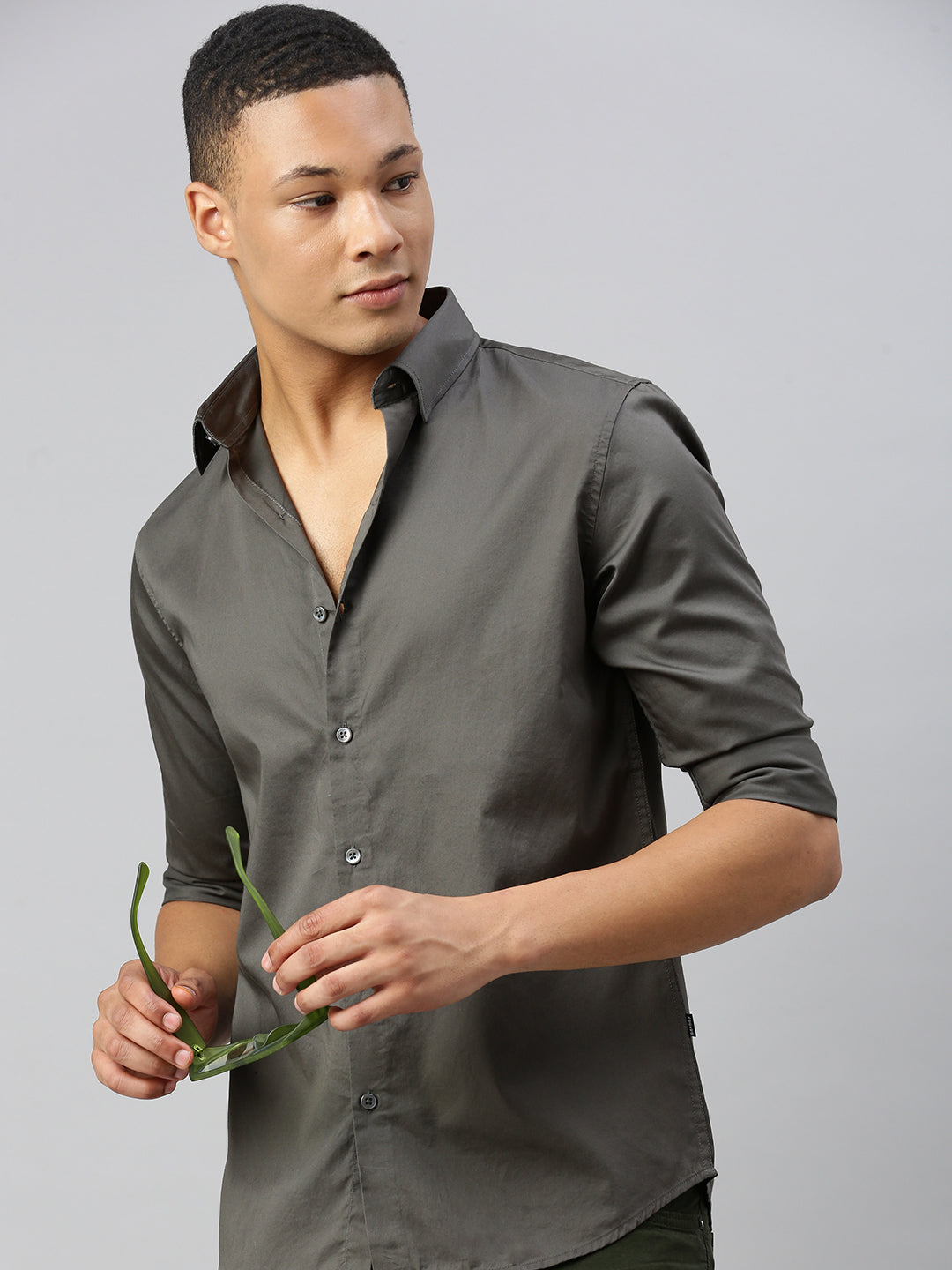 Dark Beige Plain Satin Shirt Without Pocket