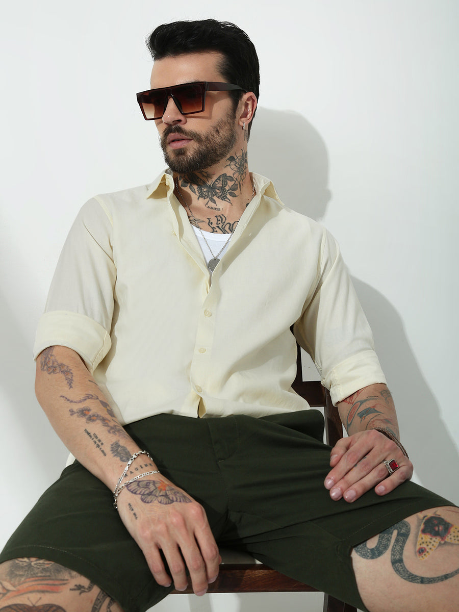 Cream Full Sleeve Slim Fit Shirt Without Pocket
