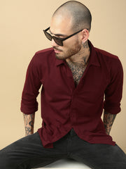 Burgundy Red Full Sleeve Slim Fit Shirt Without Pocket