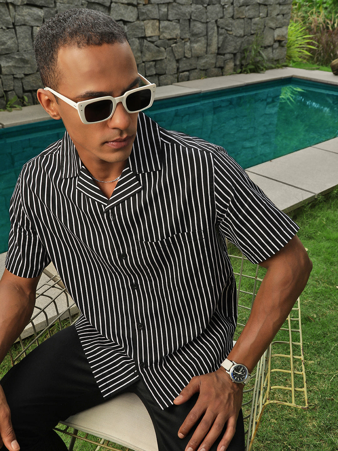 Self Stripe Half Sleeve Oversize Shirt With Pocket