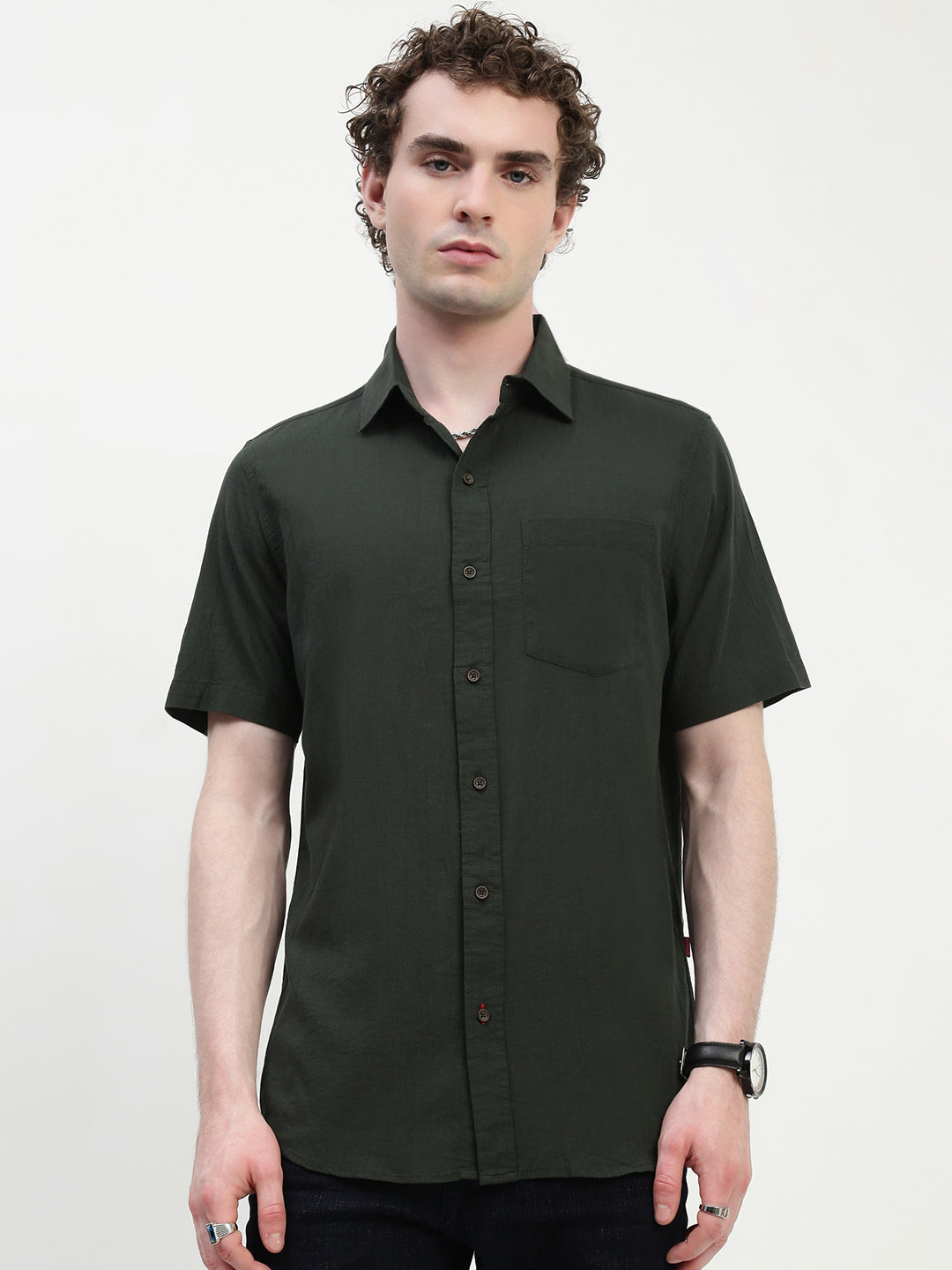 Olive Green Half Sleeve Relsx Fit Shirt With Pocket