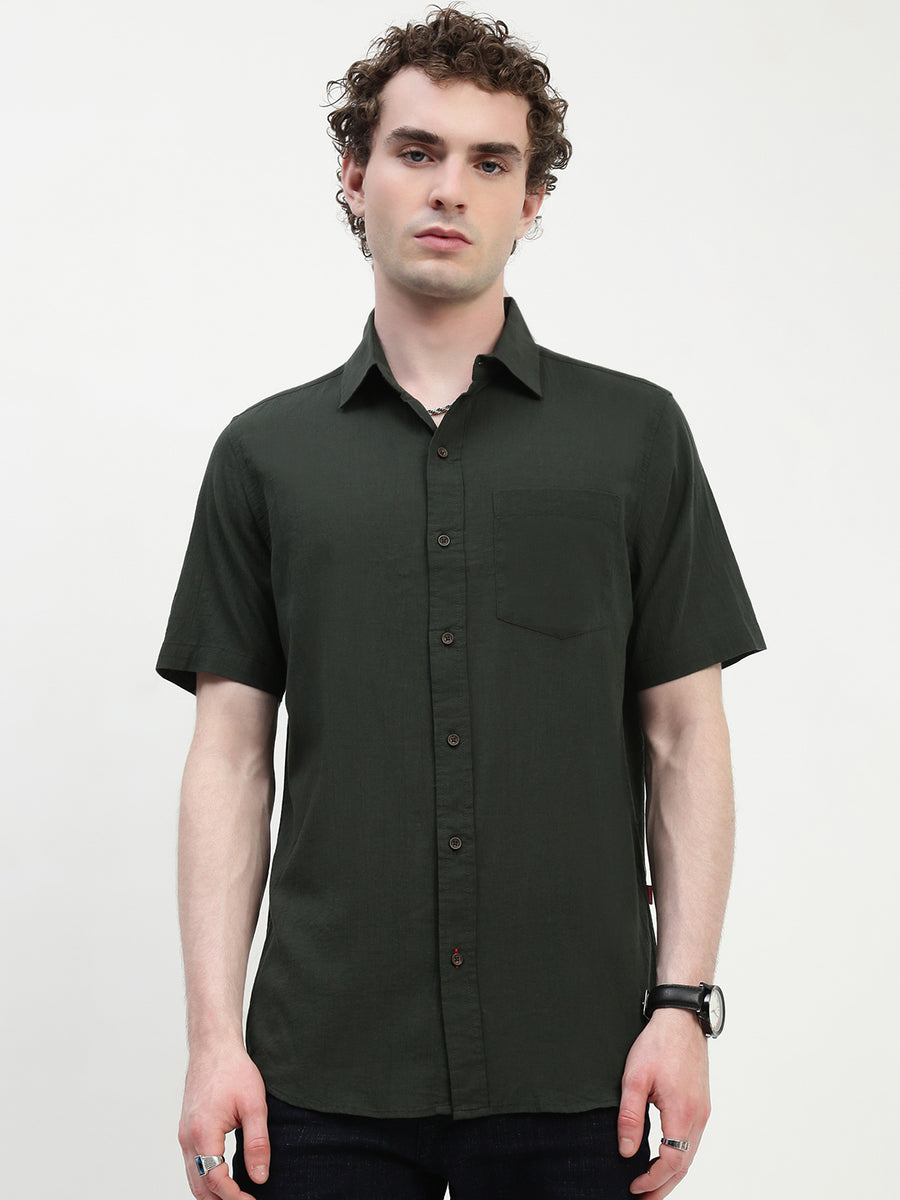 Olive Green Half Sleeve Relsx Fit Shirt With Pocket