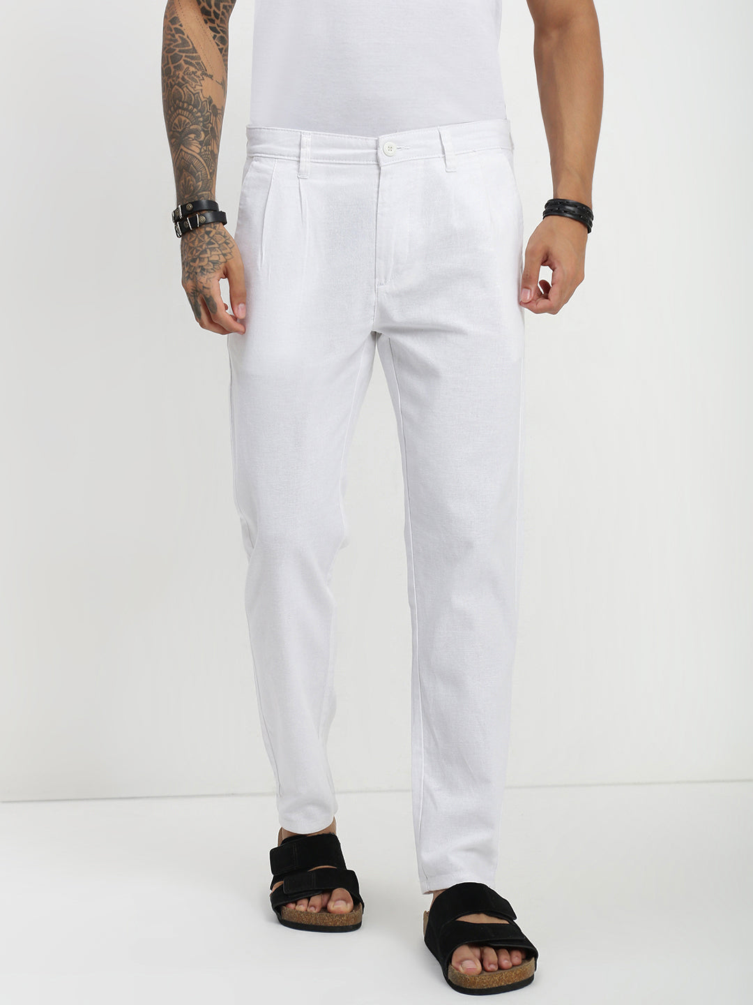 White Relax Fit Cross Pocket Cotton Linen  Pants